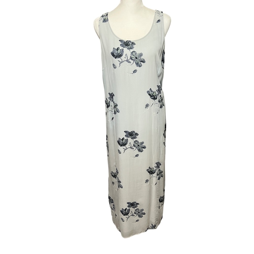 CW Blue Floral 100% Silk Maxi Dress Sleeveless Lined‎ Lightweight 90s Size 10